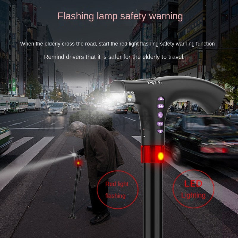 Adjustable Smart Walking Cane Elderly LED Safety Light Alarm Radio Grip Handle