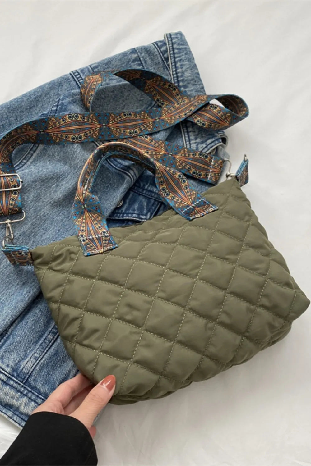 Bubble Quilted Handbag Printed Strap Oxford Cloth Casual Shoulder Bag 34.5cm