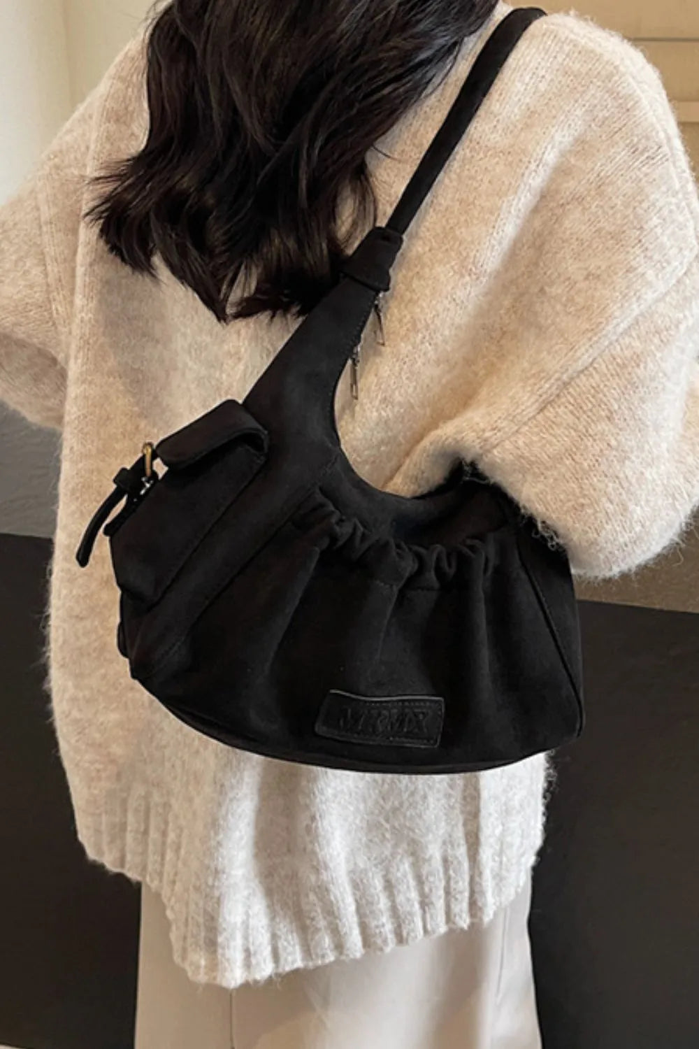 Suede Ruched Handbag Zipper Closure Elegant Evening Purse Spacious Accessory Storage