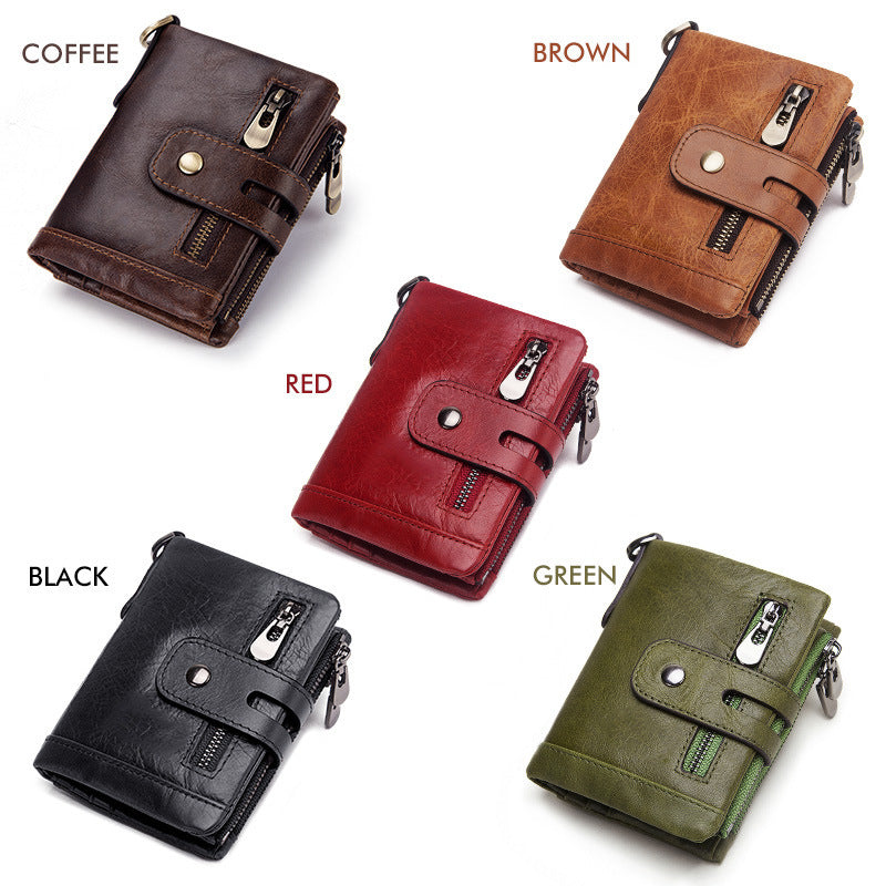 Men's Leather Wallet Large Capacity Buckle Retro Zipper Coin Purse Anti-theft Clutch