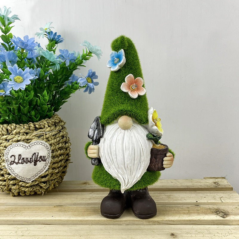 Solar Powered Garden Gnome Lamp Flower Motif Resin Outdoor Decorative Lighting