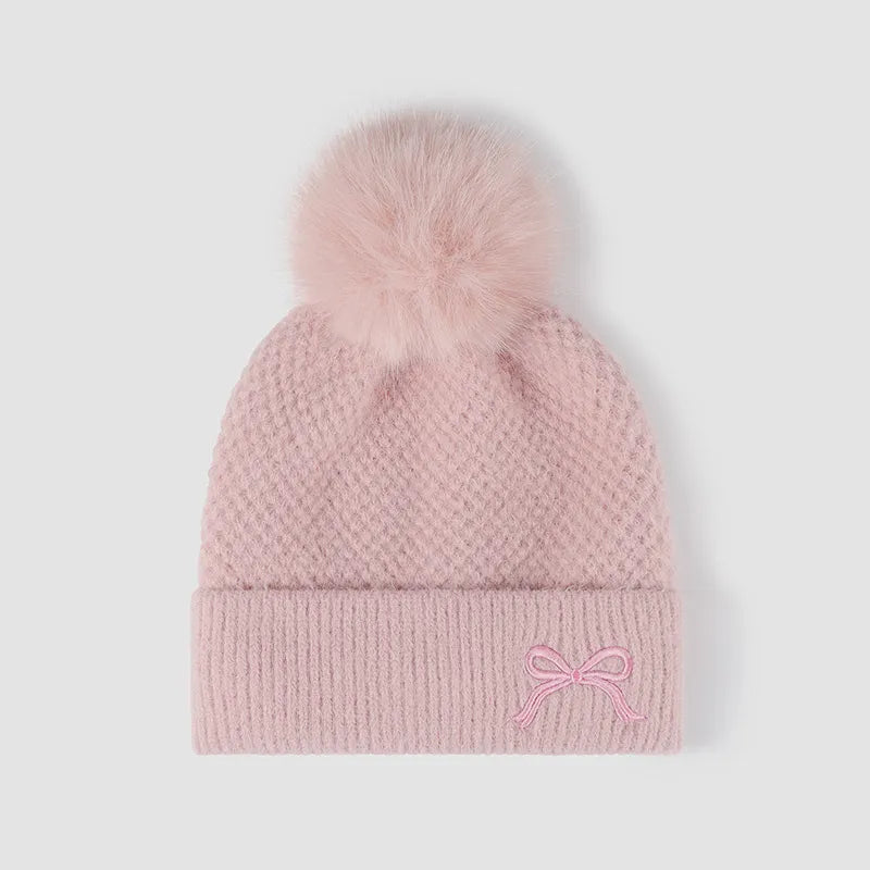 Thermal Knit Hat Pompom Embellishment Winter Accessory Cozy Elegant Headgear