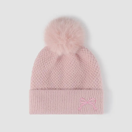 Thermal Knit Hat Pompom Embellishment Winter Accessory Cozy Elegant Headgear