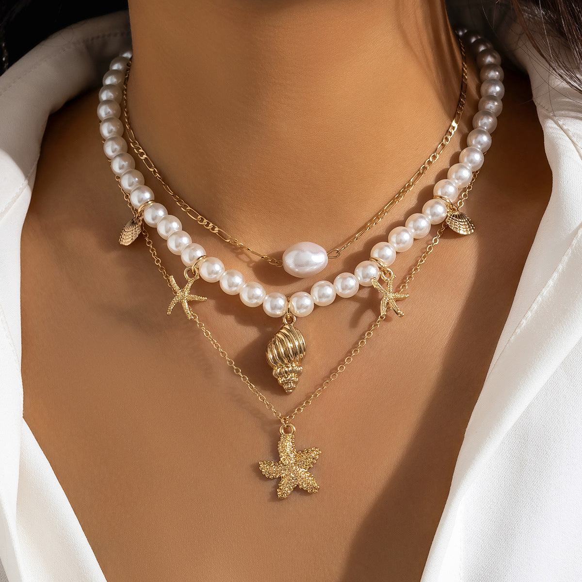 Beach Theme Beaded Necklace Layered Pearl Starfish Shell Jewellery