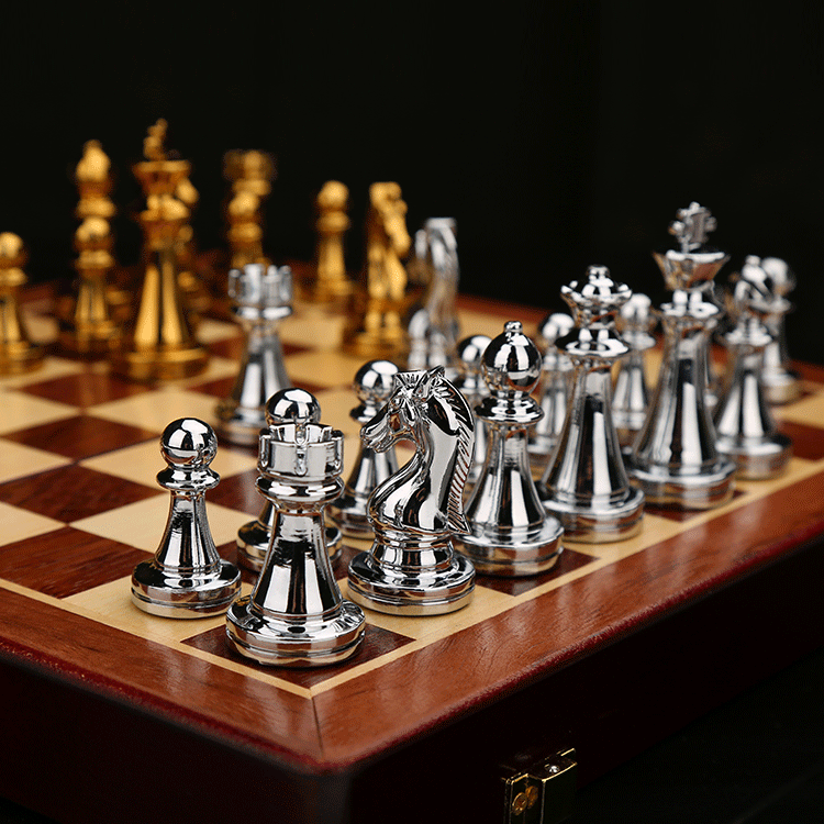 Vintage Metal Chess Set Premium Wooden Board Exclusive Collector Storage Case