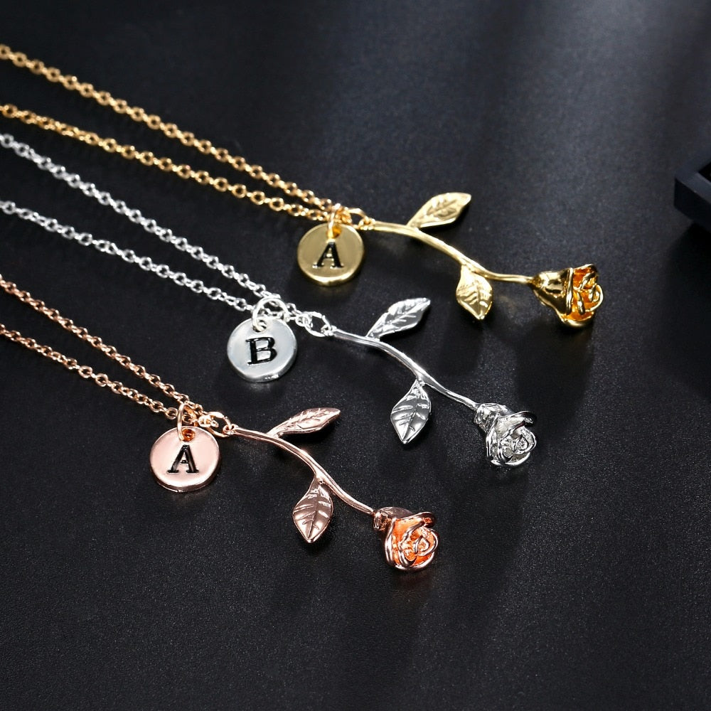 Rose Gold Silver 26 Letter A-Z Dangle Rose Pendant Necklace Birthday Gift