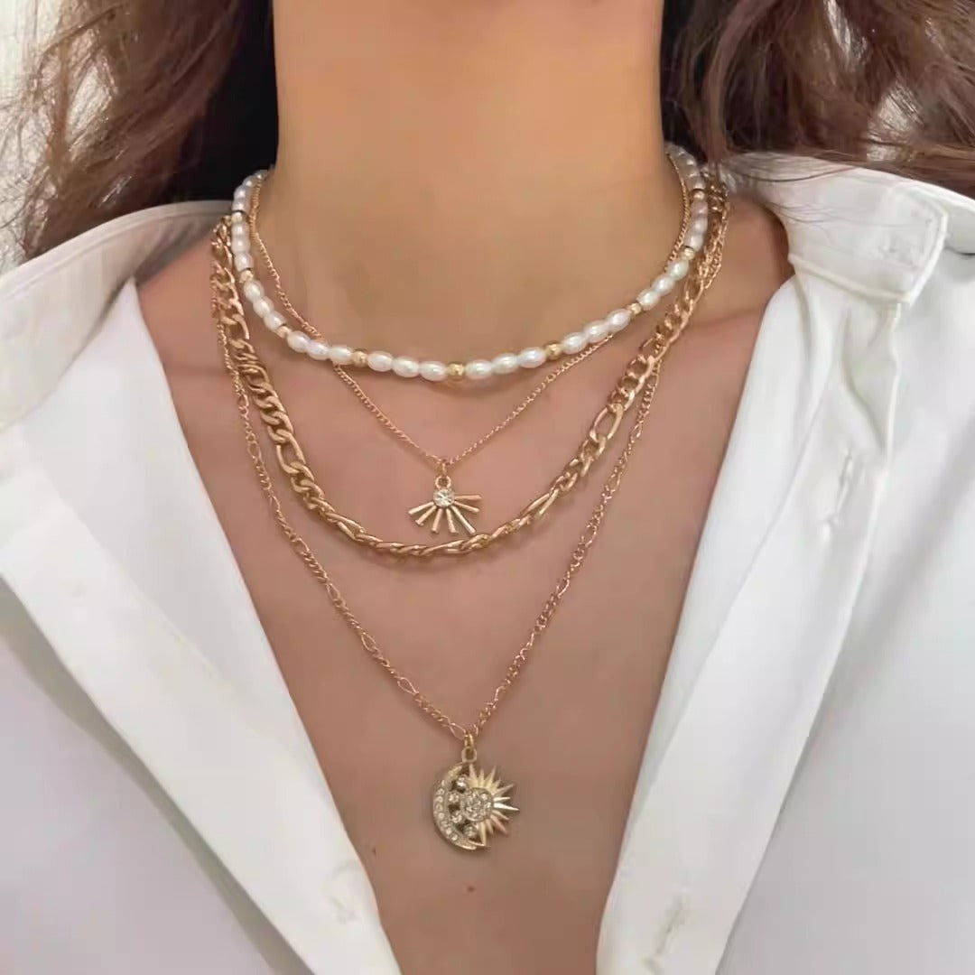 Retro Multi-Layer Pearl Necklace Dangle Pendant Gold Womens Jewellery