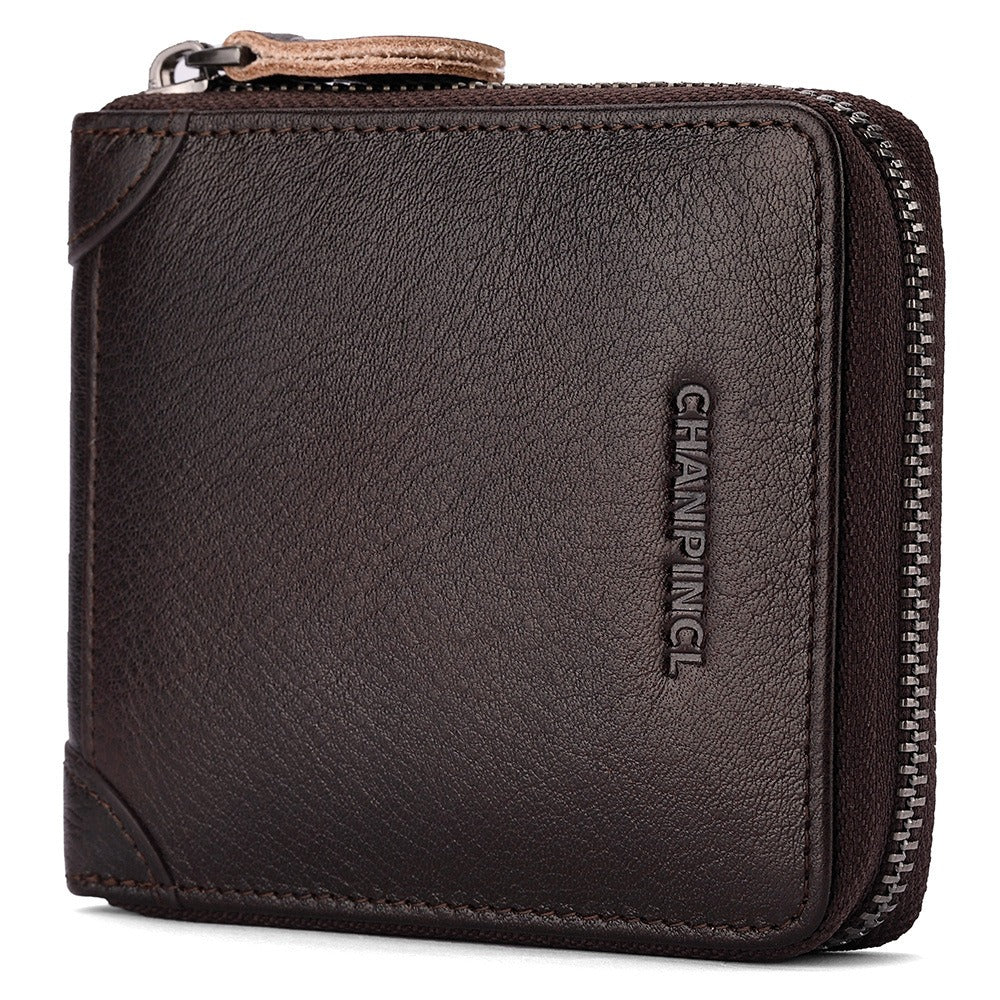Men's Genuine Leather Zip Wallet Multi-Function Horizontal Style RFID Blocking