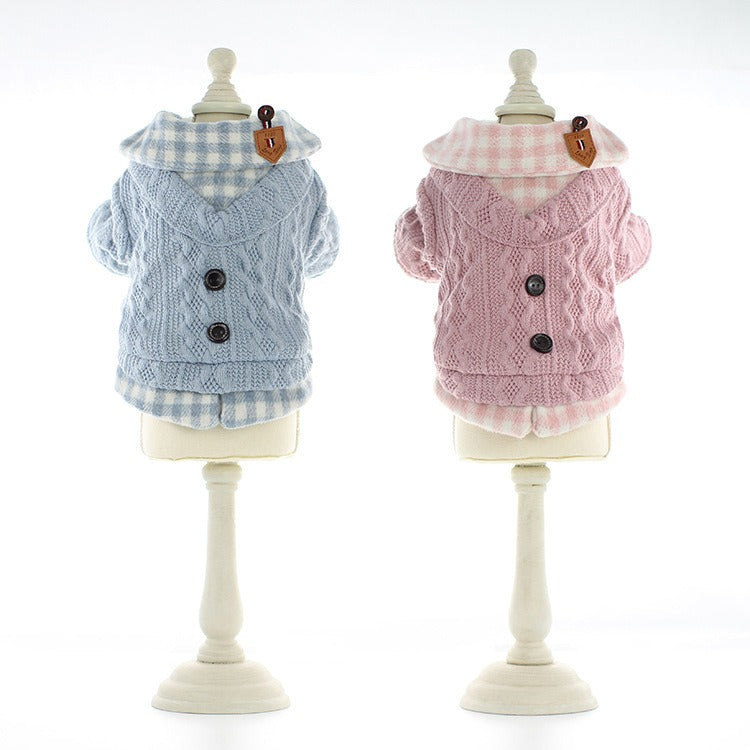 Pet Dog Classic Knitwear Gingham Collar Stylish Warm Jumper Plaid Winter