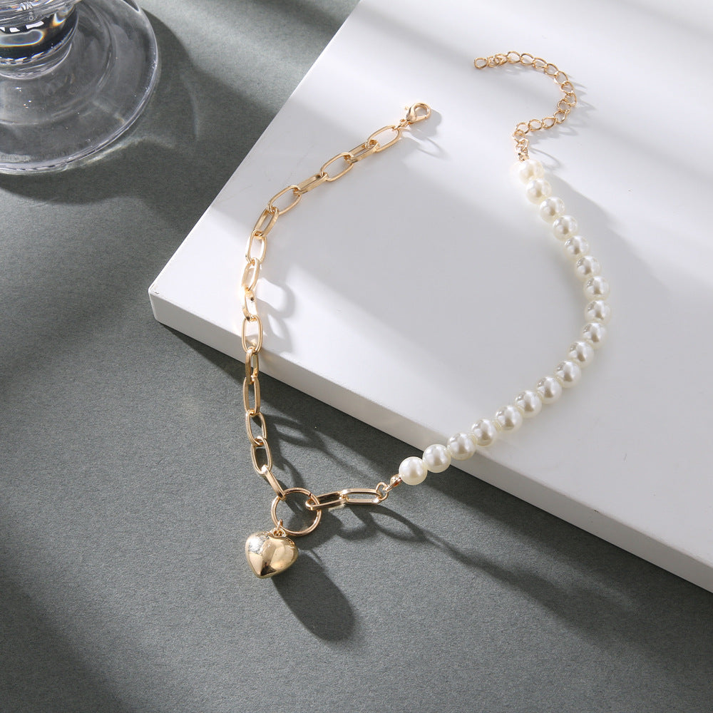 Gold Tone Womens Heart Shaped Pendant Pearl Chain Necklace