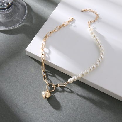 Gold Tone Womens Heart Shaped Pendant Pearl Chain Necklace