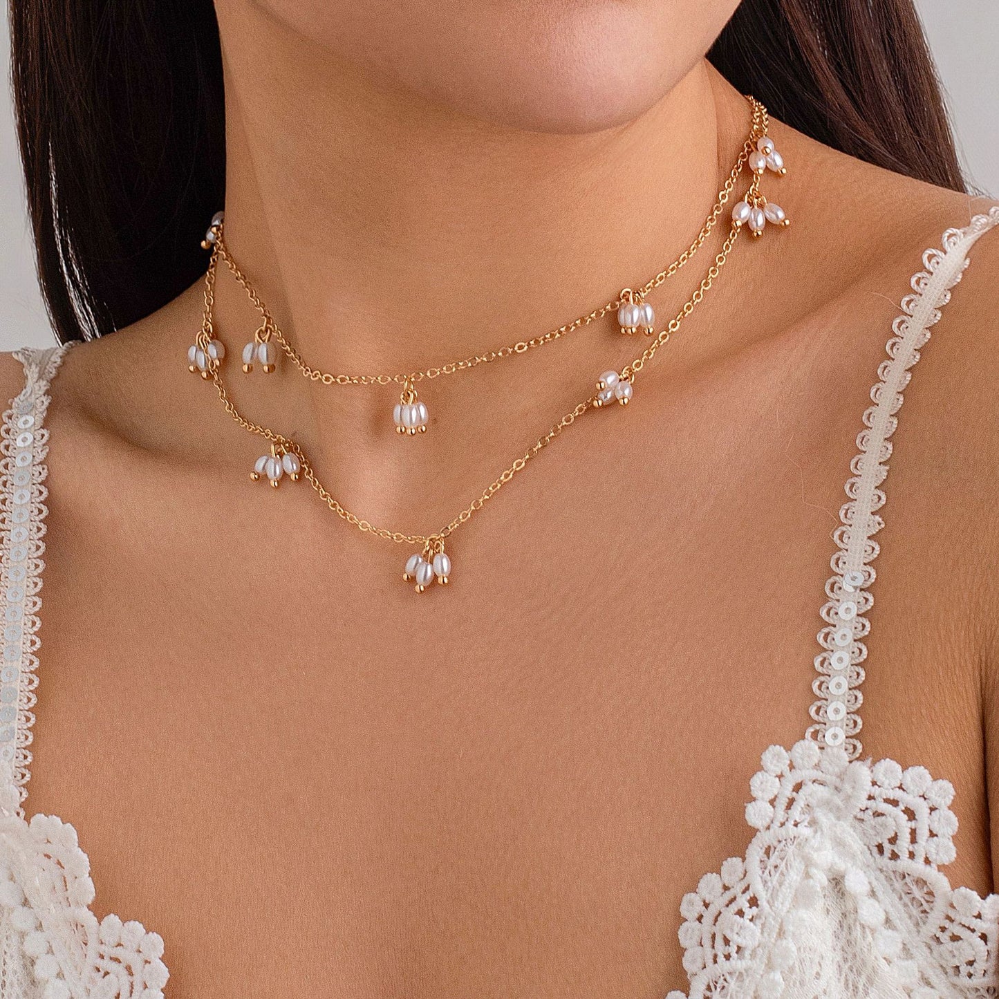 Pearl Dotted Backless Dress necklace Double Layer Earring Bracelet