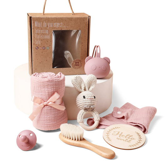 Eco Bamboo Newborn Baby Gift Box Set Bath Towel Wooden Brush Bunny Rattle Pacifier