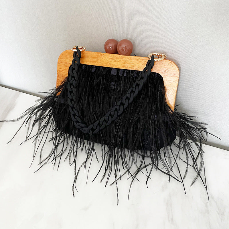 Acrylic Chain Women’s Tassel Banquet Bag Wooden Frame Shaggy Bags