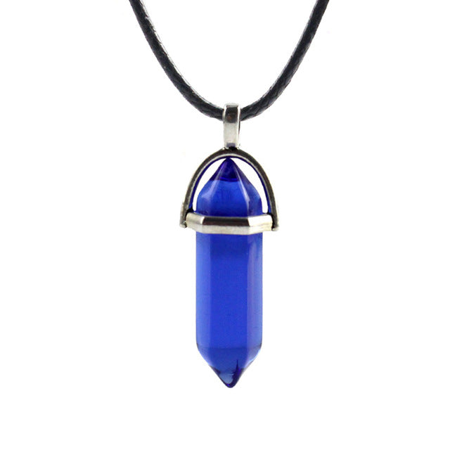 Natural Crystal Turquoise Glass Stone Pendant Necklace Leather Chains