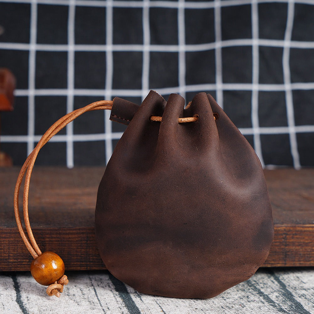 Handmade Cowhide Leather Drawstring Coin Bag Vintage Genuine Storage Pouch