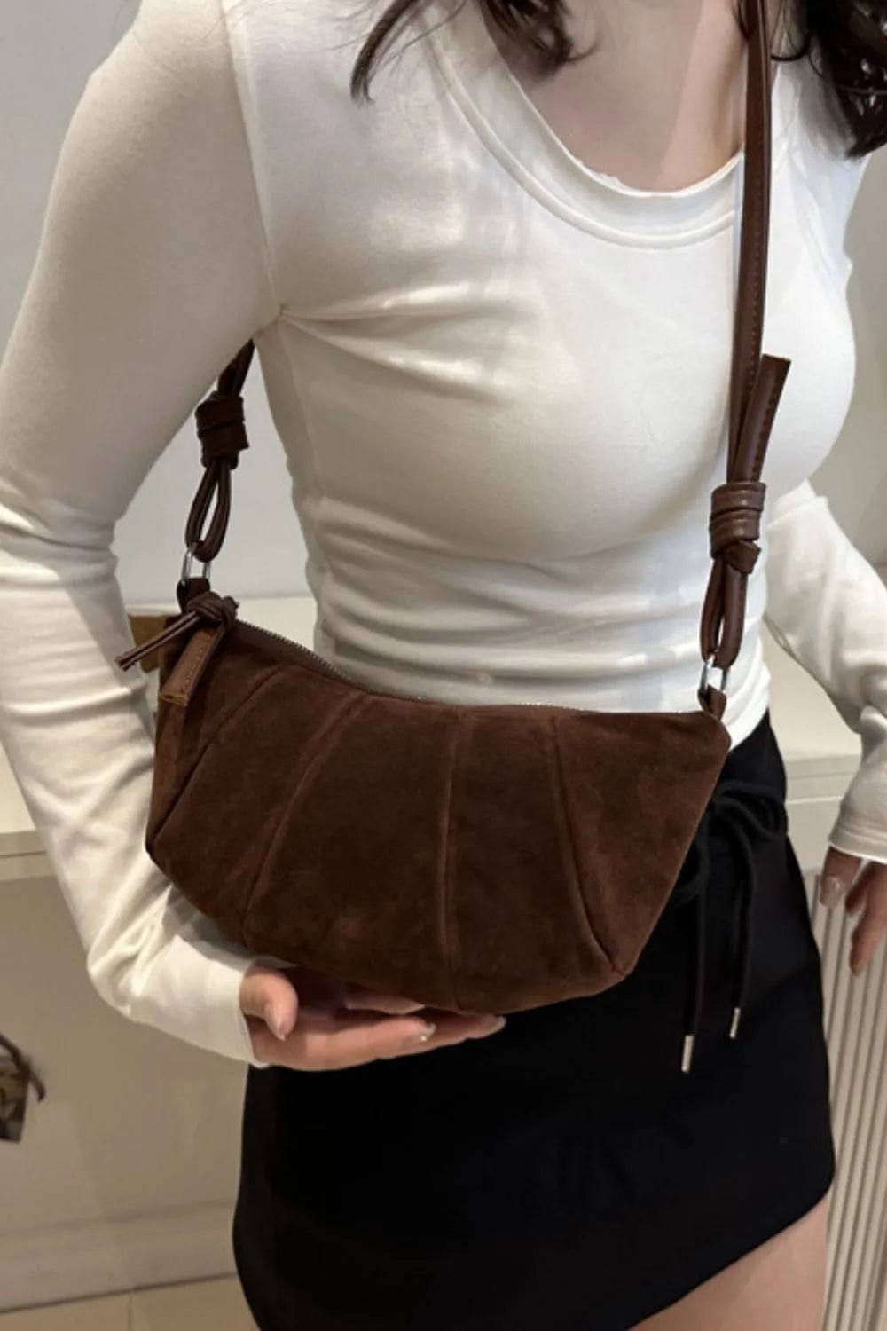 Suede Croissant Shoulder Bag Small Velvet Polyester Zip Strap Handbag 25.5cm