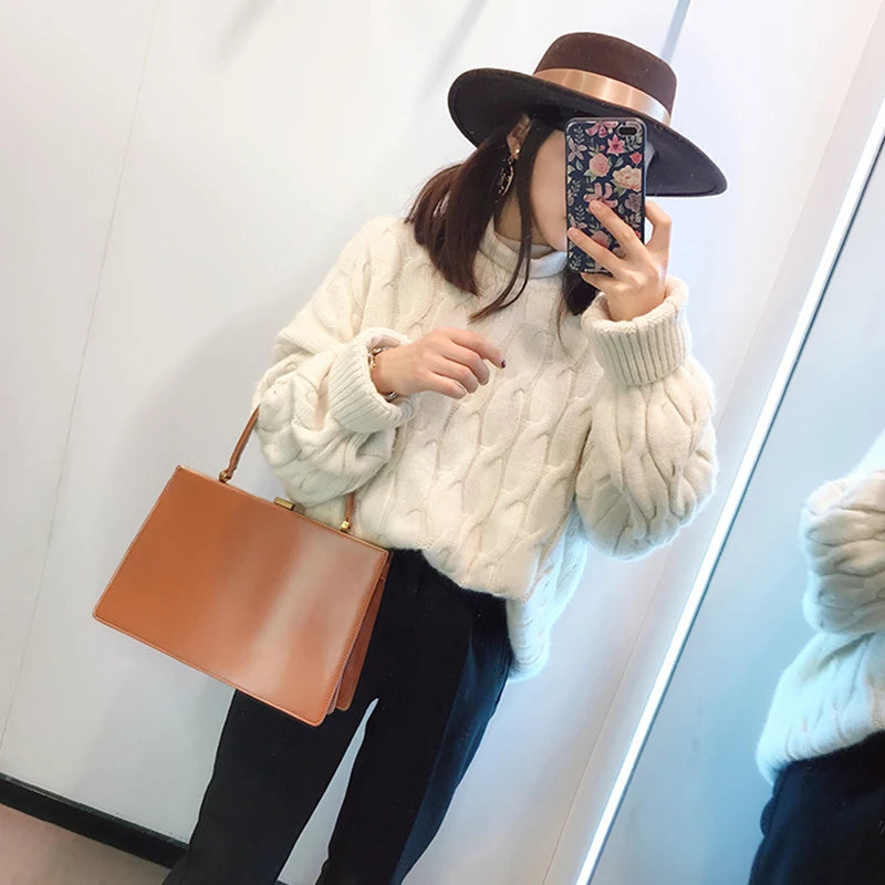 Vintage PU Leather Handbag Lock Buckle Underarm Bag Strap Women's Bags