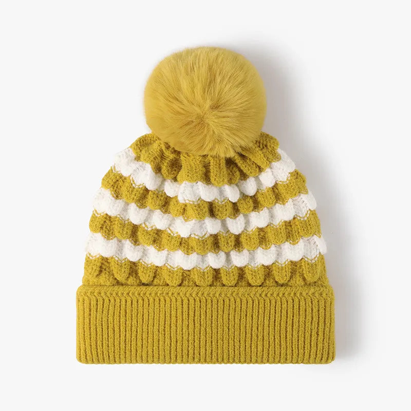 Striped Knit Beanie Hat Winter Warmth Faux Rabbit Fur Pom-Pom Stylish Comfort