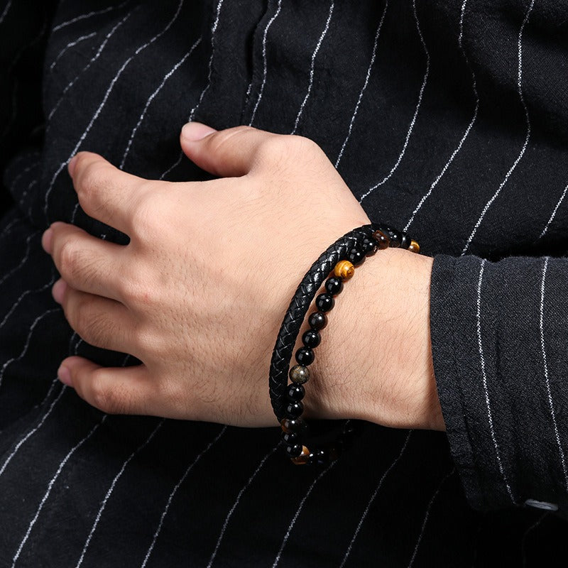 Volcanic Natural Stone Tiger Eye Beaded Bracelet Male Cowhide Rope Agate Handwear