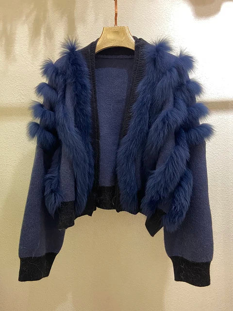 Women's Luxury Premium Faux Fur Oversized Sweater Coat Knitted Cardigan Black Khaki