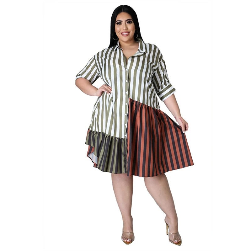 Plus Size Patchwork Striped Office Midi Dress Women's Streetwear Fashion