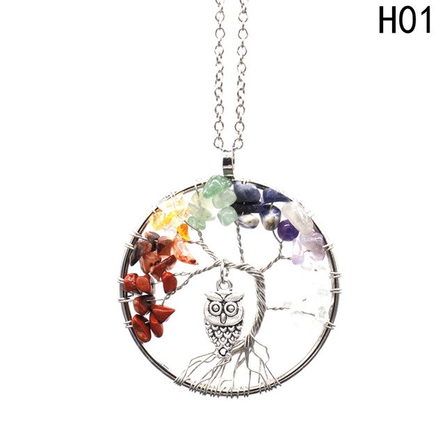 5CM Tree of Life Crystal Natural Stone Owl Dangle Pendant Necklace Gift Jewellery