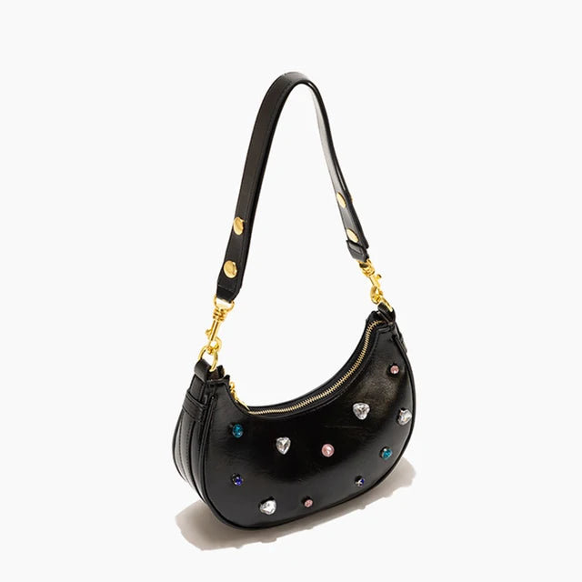 Luxury Women's Half Moon Jewelled Shoulder Bag Leather Crossbody Tote