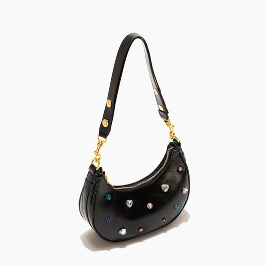 Luxury Women's Half Moon Jewelled Shoulder Bag Leather Crossbody Tote