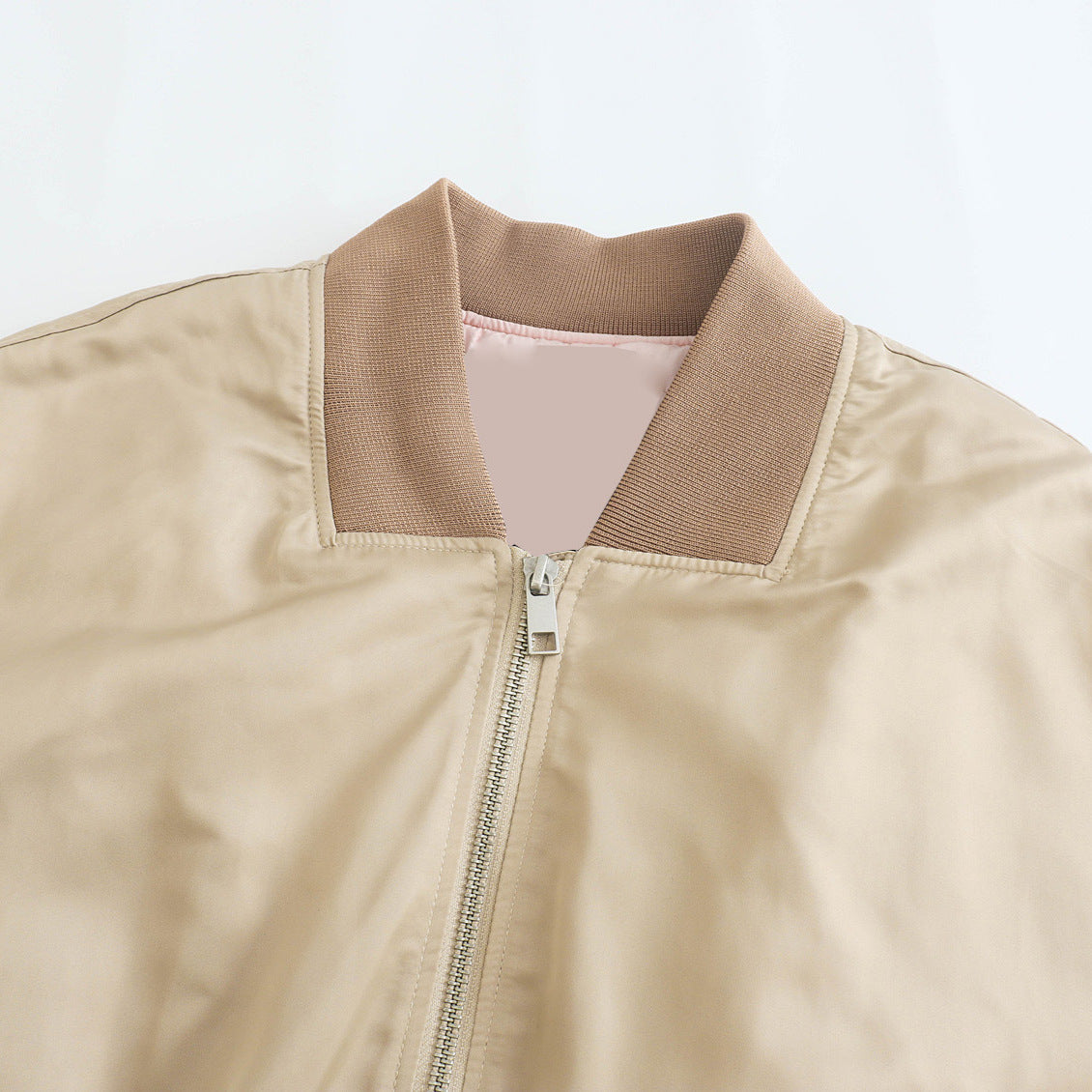 Women’s Short Silk Texture Jacket Khaki Zip Bomber Slim Fit Coat Casual