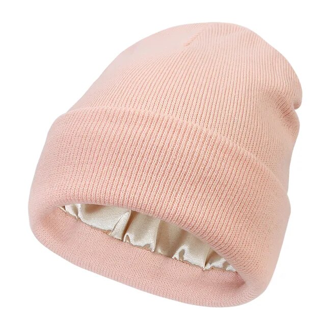 Satin Lined Beanie Hat for Women & Men, Warm Winter Cap, Silk-Lined Knit