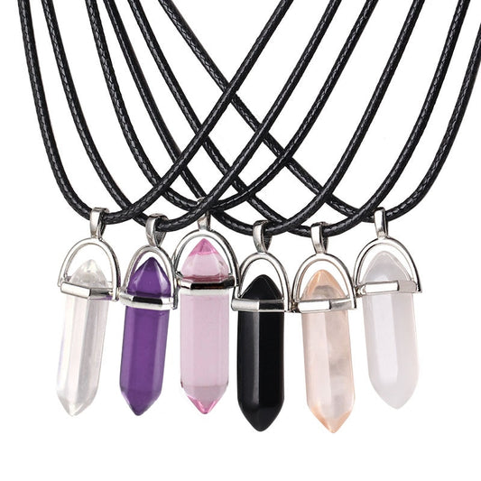 Natural Crystal Turquoise Glass Stone Pendant Necklace Leather Chains