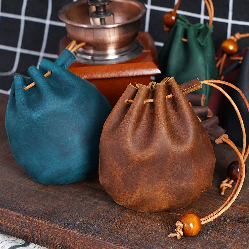 Handmade Cowhide Leather Drawstring Coin Bag Vintage Genuine Storage Pouch