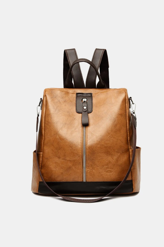 Faux Leather Backpack Zippered Pockets Adjustable Shoulder Straps Spacious Interior