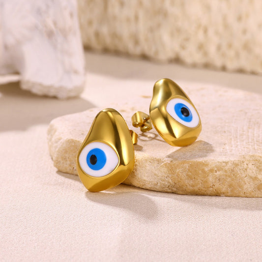 Gold Plated Stainless Steel Blue Evil Devil's Eye Stud Earrings Luck Karma