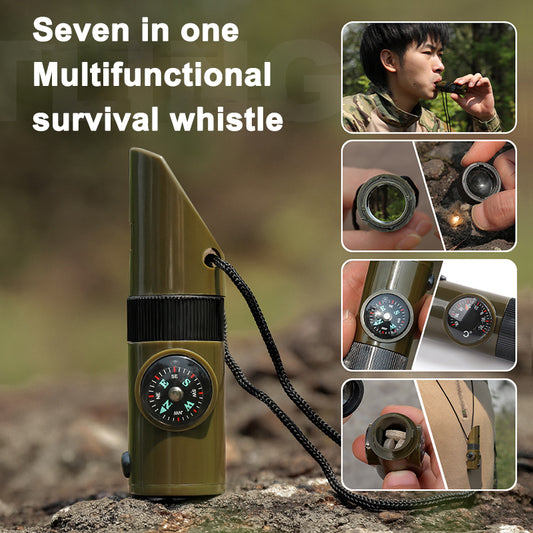 7-in-1 Survival Whistle LED Light Compass Thermometer Outdoor Emergency Gear