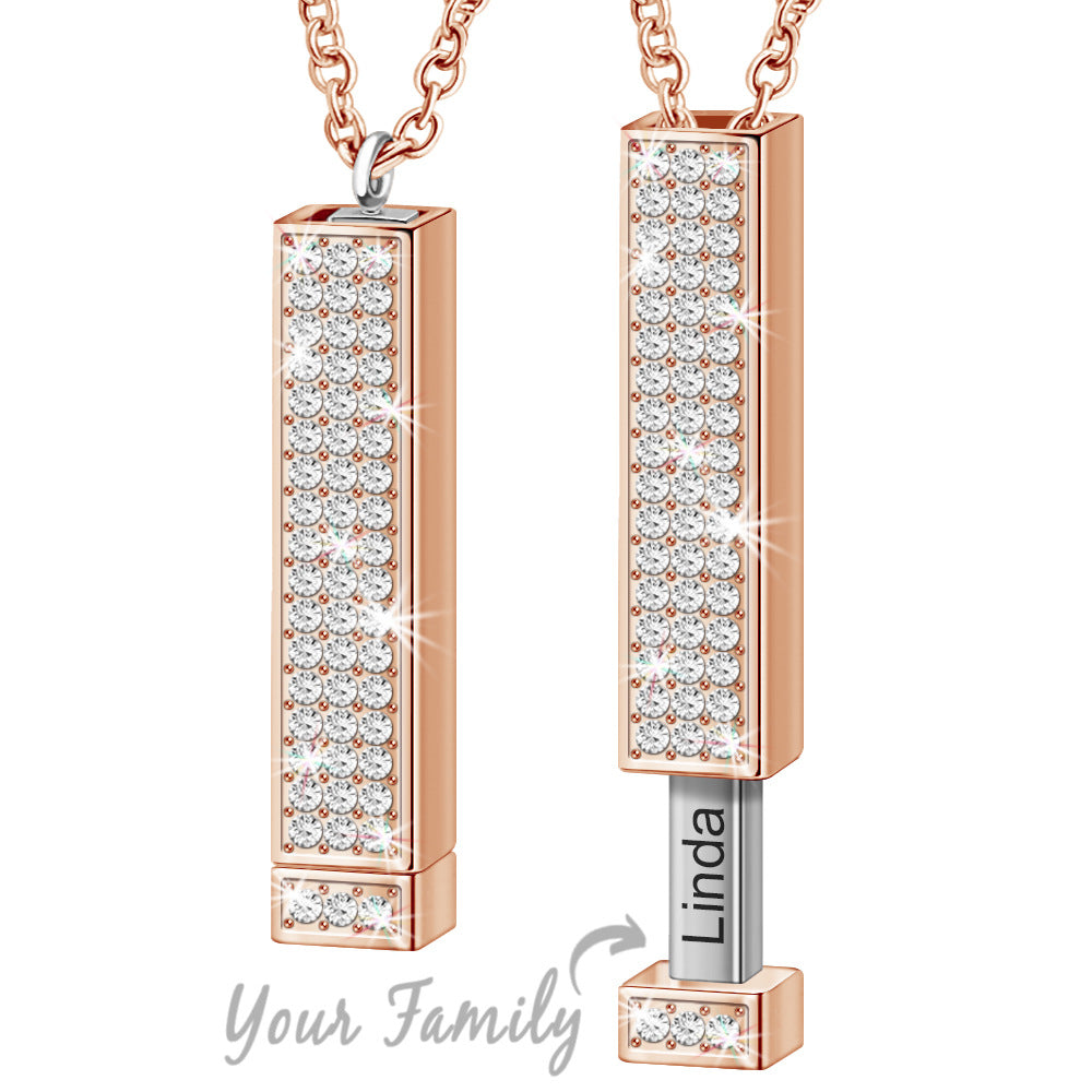 Personalised Retractable Rose Gold Necklace with Diamond Inlay and Custom Engraving