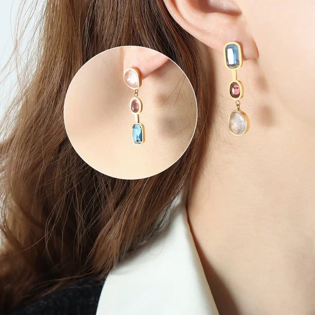 Contrasting Crystal Glass Stone Inlaid Earrings Elegant Design Chic Jewelry