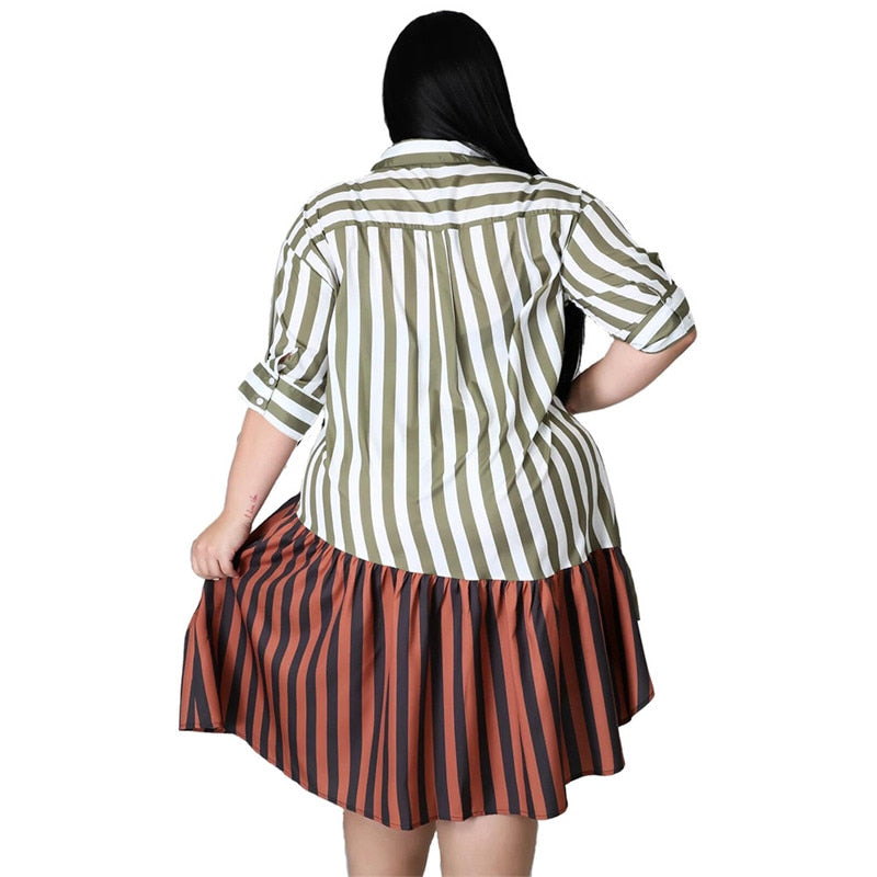 Plus Size Patchwork Striped Office Midi Dress Women's Streetwear Fashion