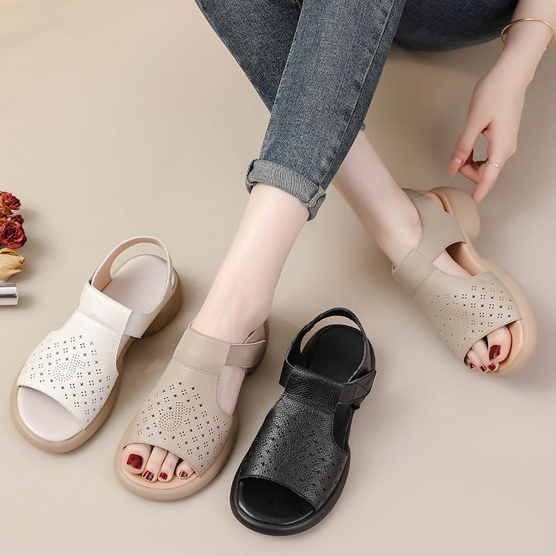 Womens Soft Sole Leather Sandals Open Toe Casual Velcro Summer Shoes Size 35–41