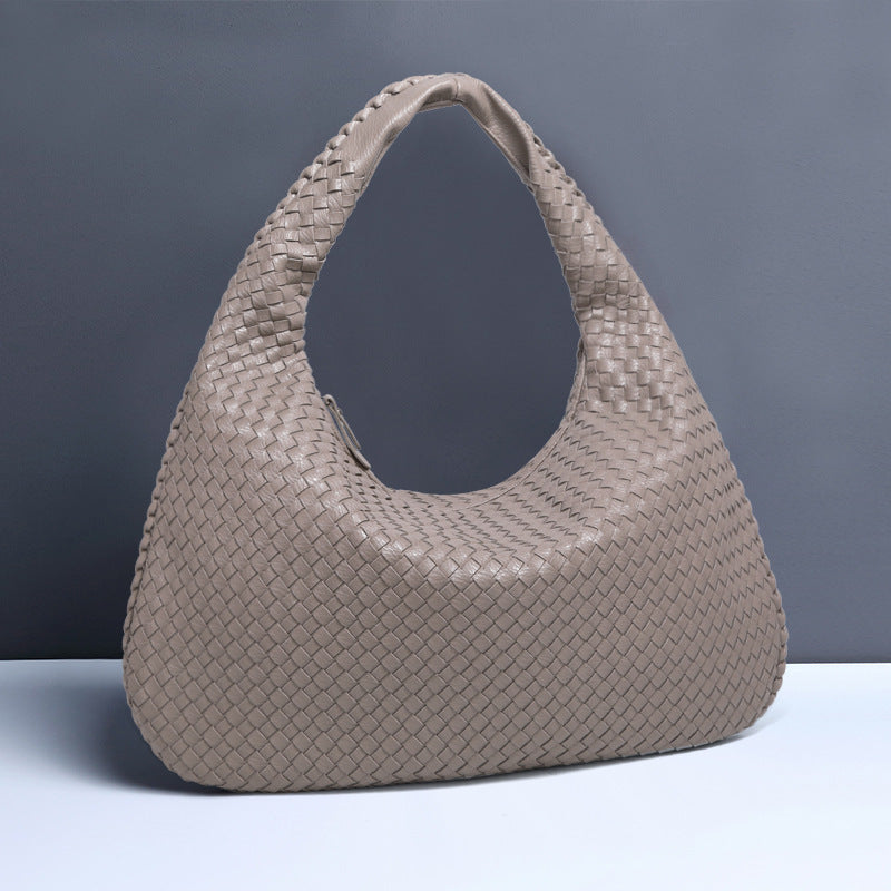 Large Women's Crescent Woven Handbag Zip Closure Daily Use Bag