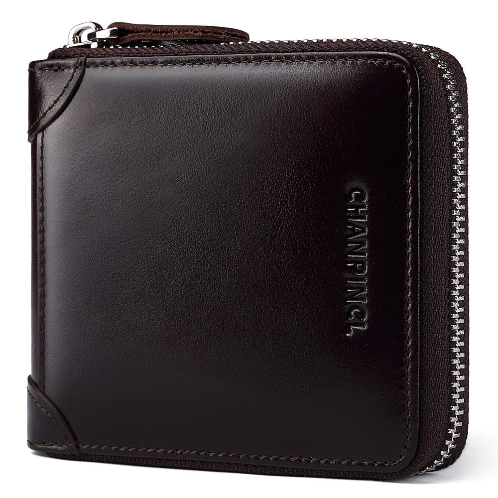 Men's Genuine Leather Zip Wallet Multi-Function Horizontal Style RFID Blocking