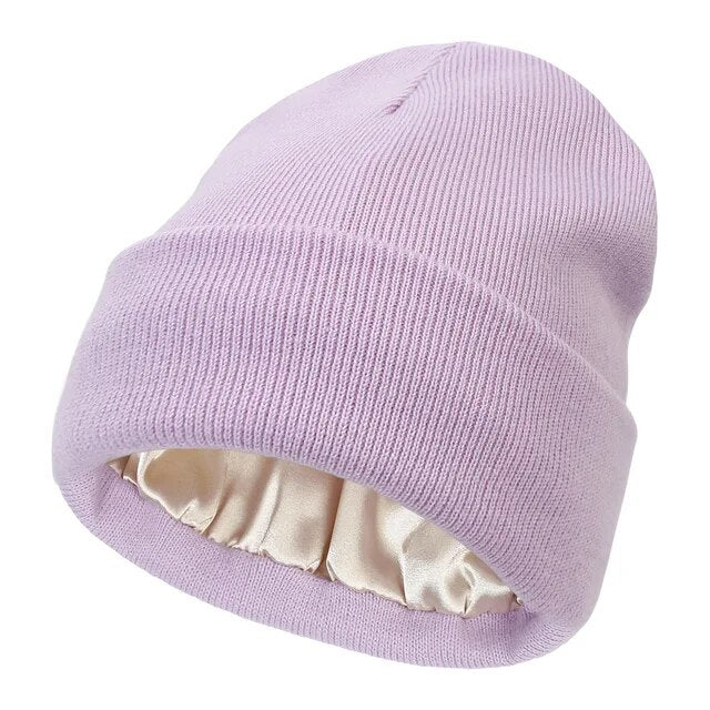 Satin Lined Beanie Hat for Women & Men, Warm Winter Cap, Silk-Lined Knit