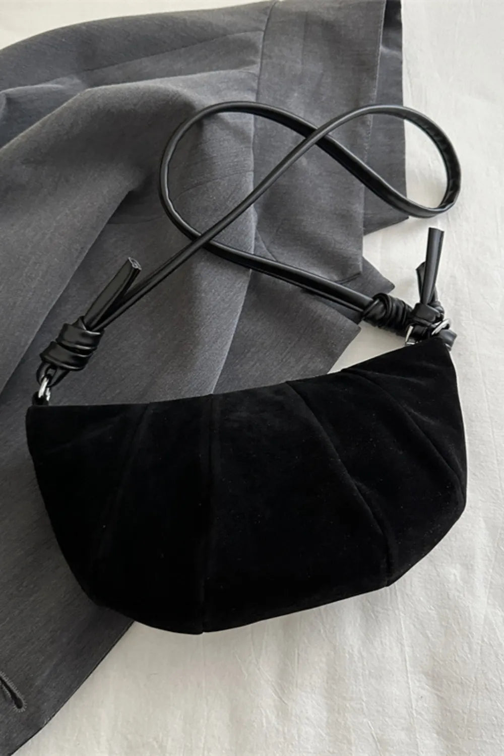 Suede Croissant Shoulder Bag Small Velvet Polyester Zip Strap Handbag 25.5cm