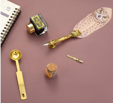 Luxury Owl Feather Quill Pen & Ink Set with Retro Seal Stamp & Accessories