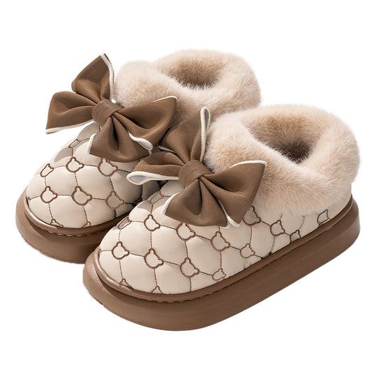 Cute Bow Tie Knot Slippers Warm Cotton Anti-Slip Indoor Shoes Cozy Winter