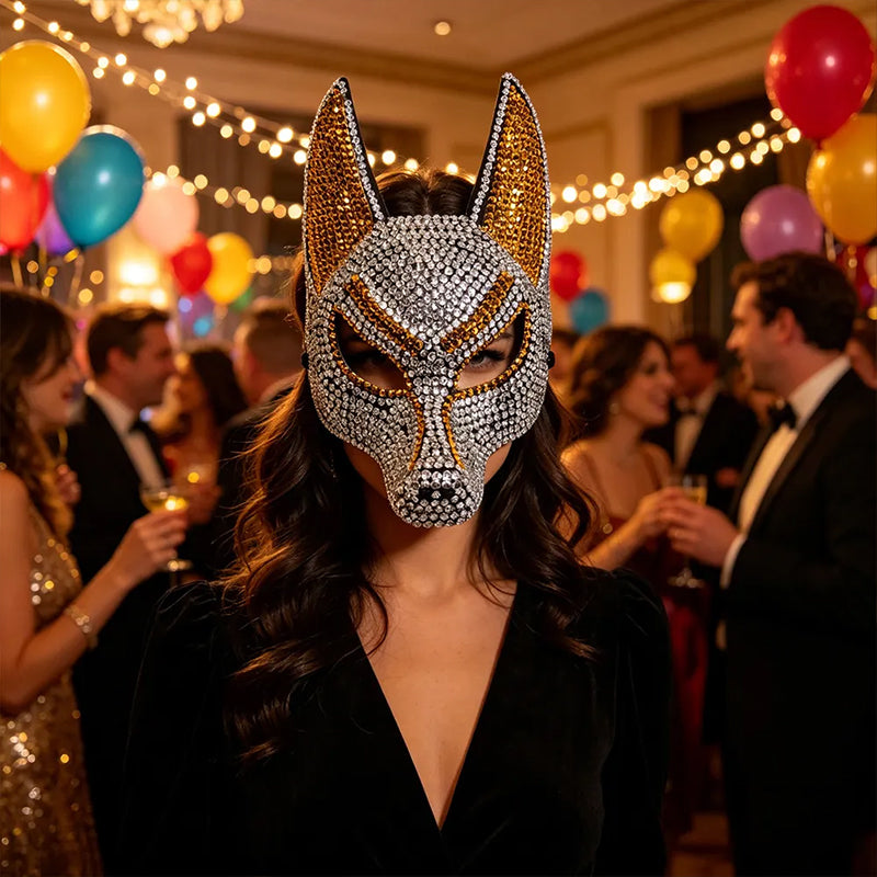 Full Face Anubis Mask Rhinestone Embellished Elastic Strap Halloween Masquerade