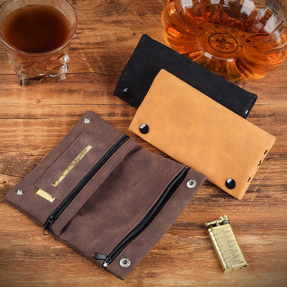 Multifunctional Leather Tobacco Pouch Zippered Foldable Moisture-Retaining