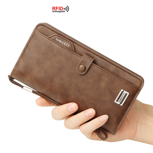 Men's Faux Leather Wallet Large Capacity Zipper Phone Slot Secure Storage Executive