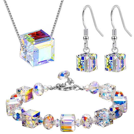 Women's Crystal Bracelet Necklace Earring Set Jewellery Cubed Drop Dangle Hook